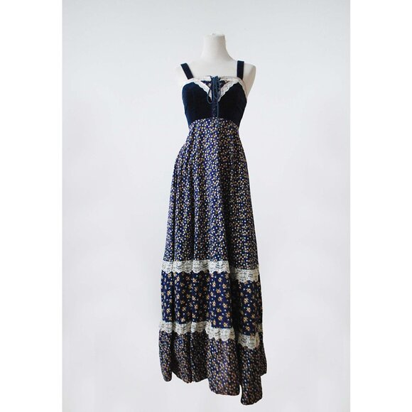 1970’s Gunne Sax Calico Velveteen Prairie Maxi Sundress - Picture 2 of 9